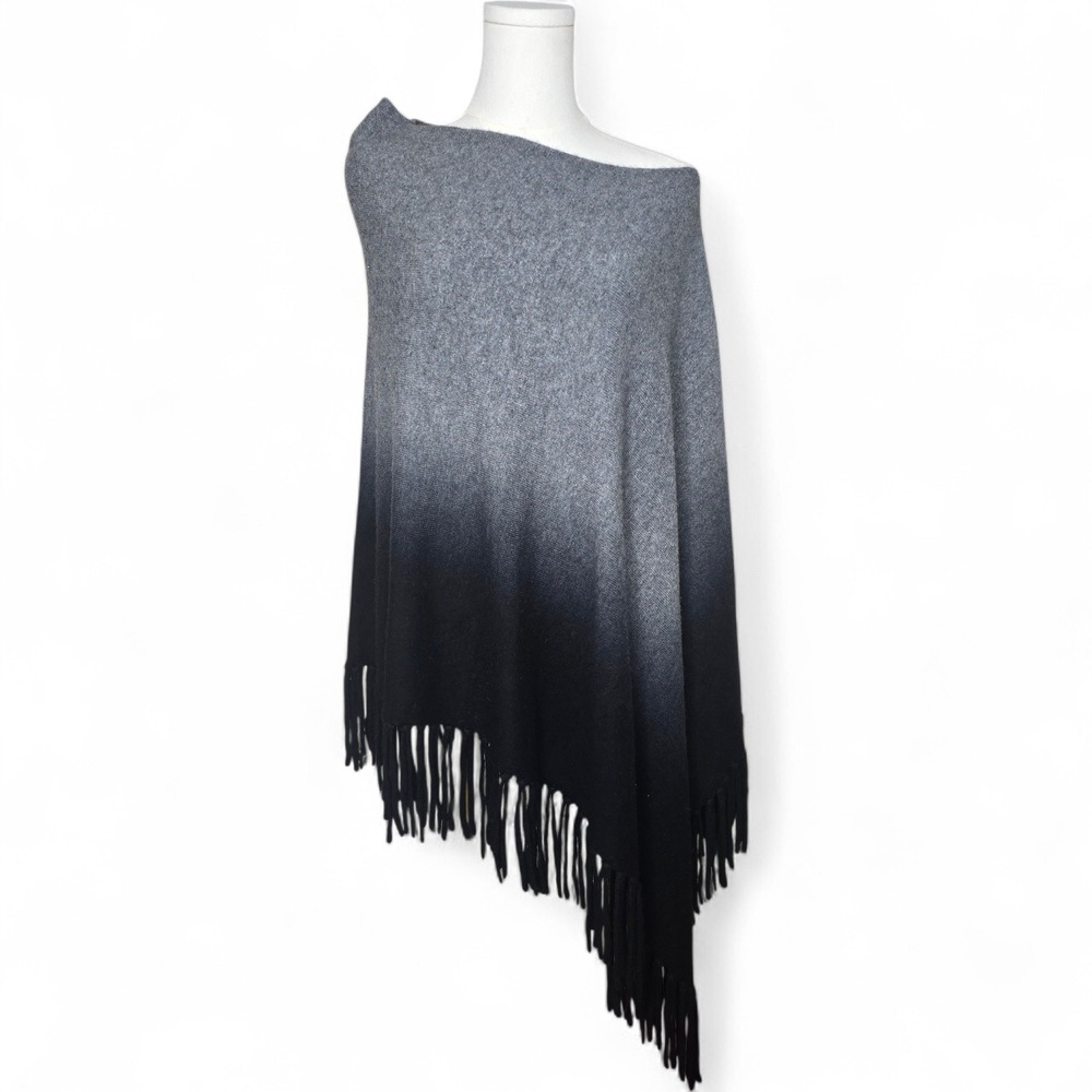 Garnet Hill Ombré Cashmere Fringe Poncho Gray Black‎ One Size